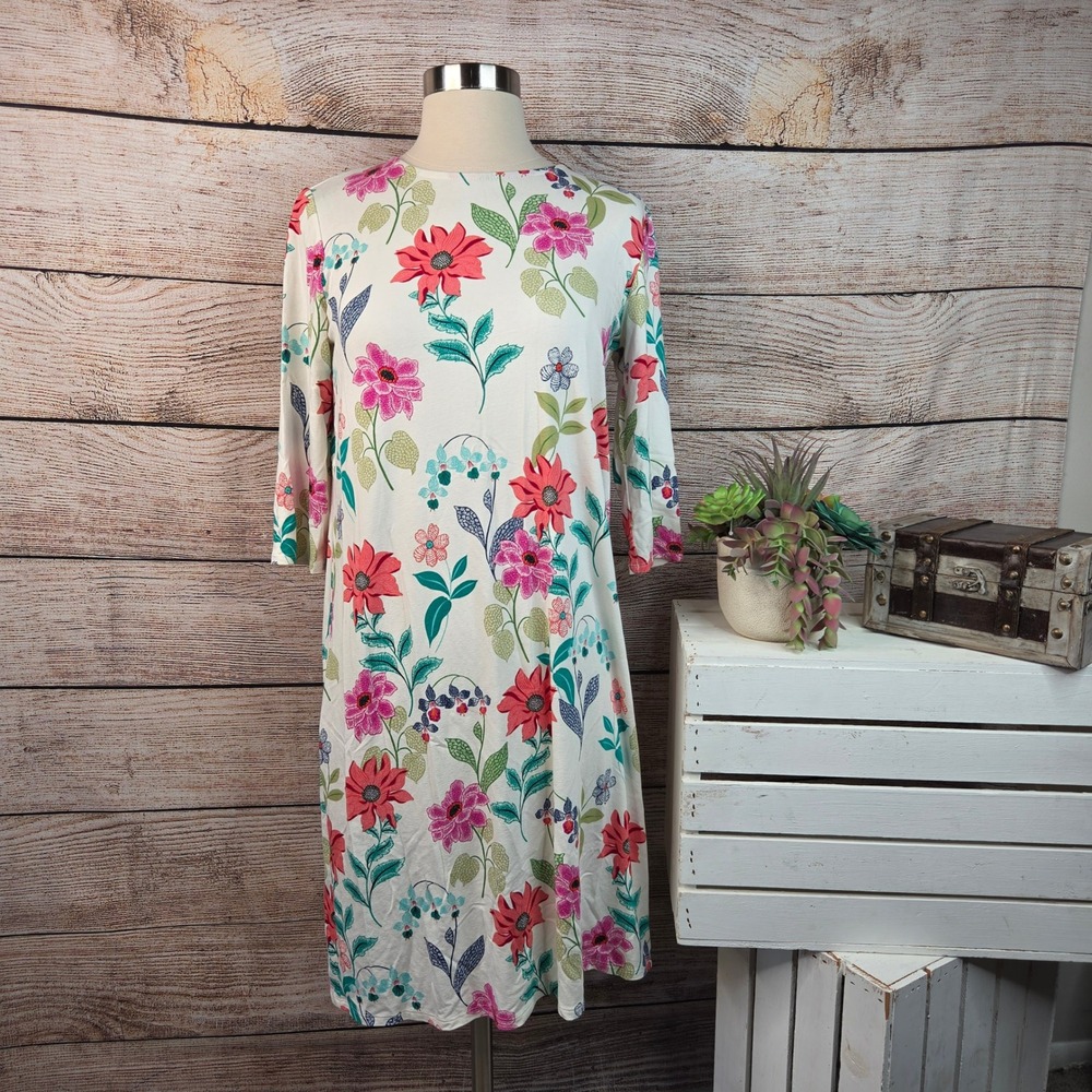 J. Jill Wearever Floral Knit Dress XS Cream Pink 3/4 Sleeve Pleated Back